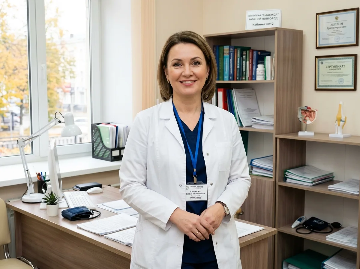 Врач-нарколог клиники в белом халате, уверенно смотрит в камеру, светлый медицинский кабинет, профессиональная обстановка, Нижний Новгород