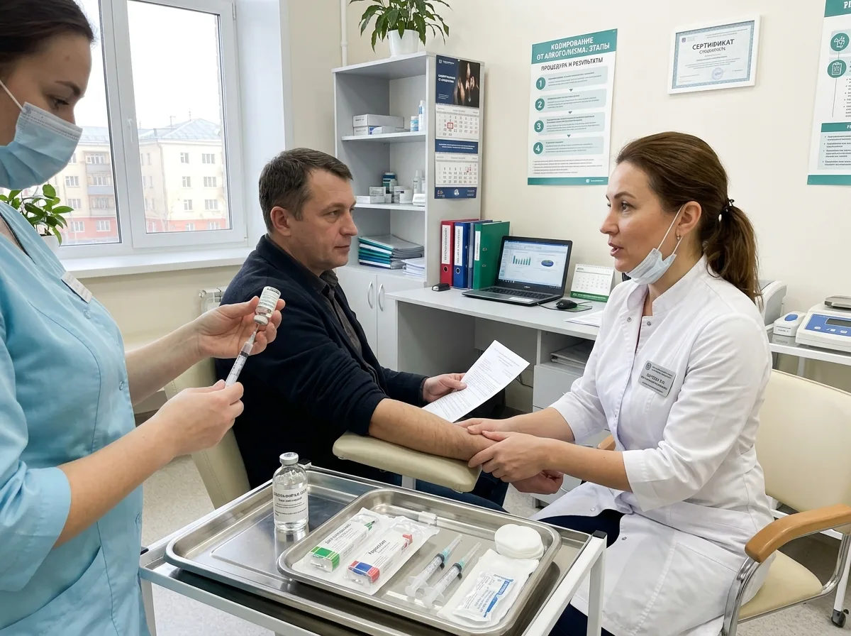 Врач-психиатр нарколог проводит процедуру кодирования от алкоголизма, медицинский кабинет, сертифицированные препараты, Нижний Новгород