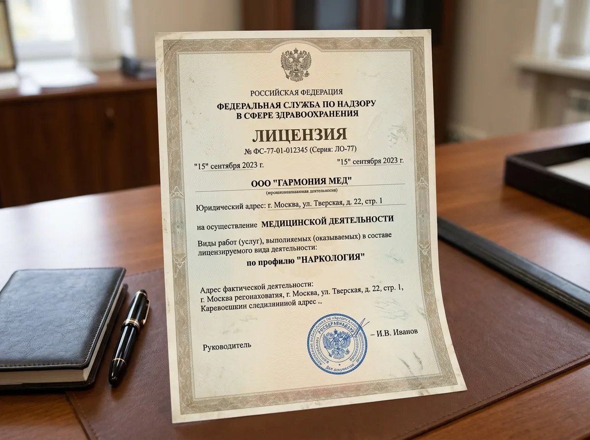 Лицензия Росздравнадзора на осуществление медицинской деятельности по профилю Наркология, официальный документ с печатью и подписью
