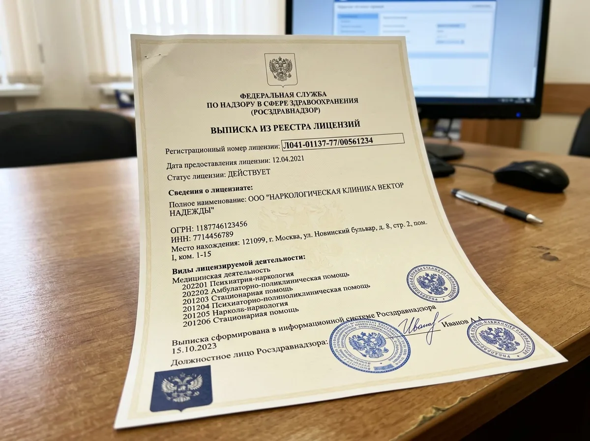 Выписка из реестра лицензий Росздравнадзора, официальный документ подтверждающий действующую медицинскую лицензию наркологической клиники