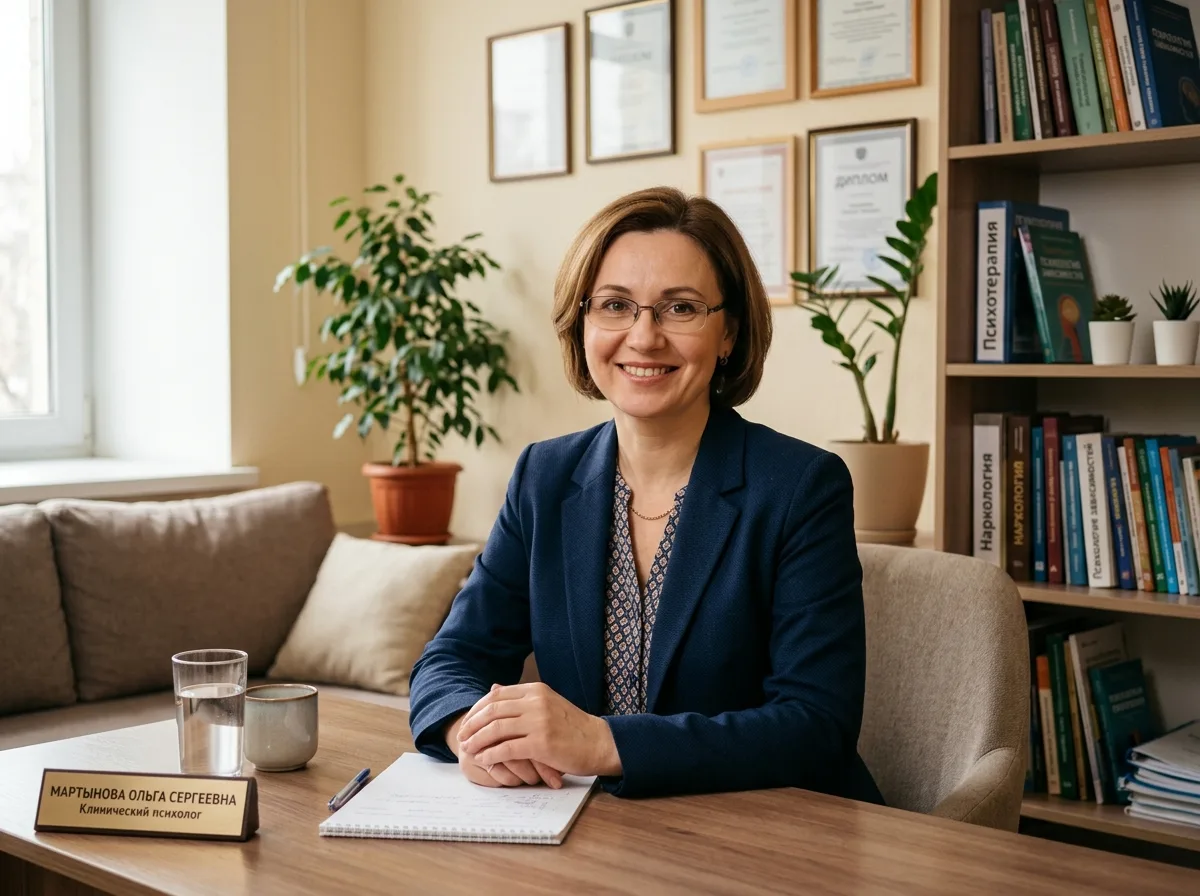 Клинический психолог Мартынова Ольга Сергеевна, портрет специалиста в кабинете психотерапии, доброжелательный взгляд, наркологическая клиника